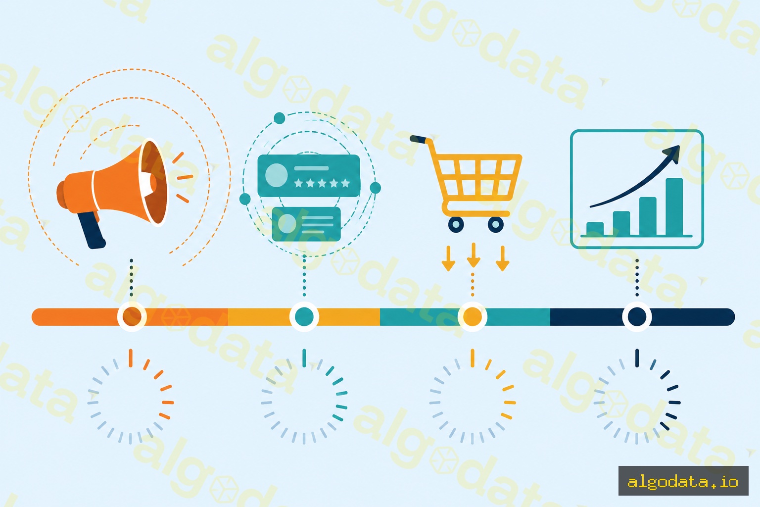 Campaign funnel timeline — a horizontal timeline bar with four milestone markers labeled by abstract